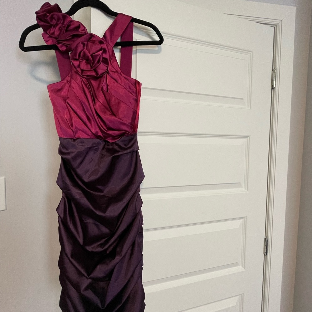Le Chateau Red and Pink Asymmetrical Ruched Cocktail Dress
